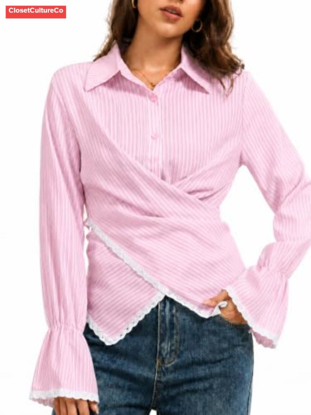 Women's Striped Button Down Wrap Shirt Long Sleeve Lace Trim Bell Cuff Blouse